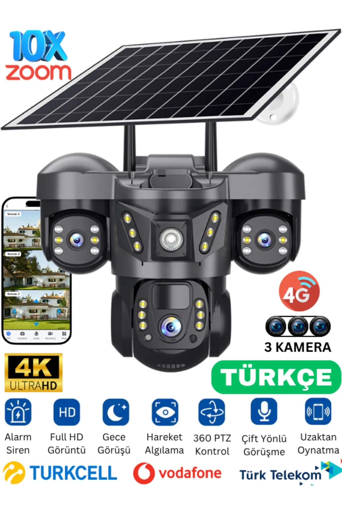 66G Solar Güvenlik Kamerası Türkçe 4G Sim Kartlı PTZ Hareketli Gece Görüşlü Güneş Panelli Kamera